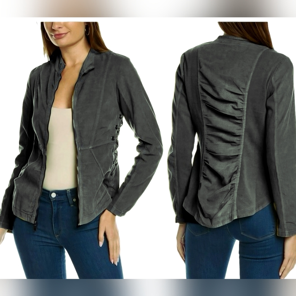 XCVI Wearables jacket L dark green gray stretch corduroy EUC Larisa cowgirl